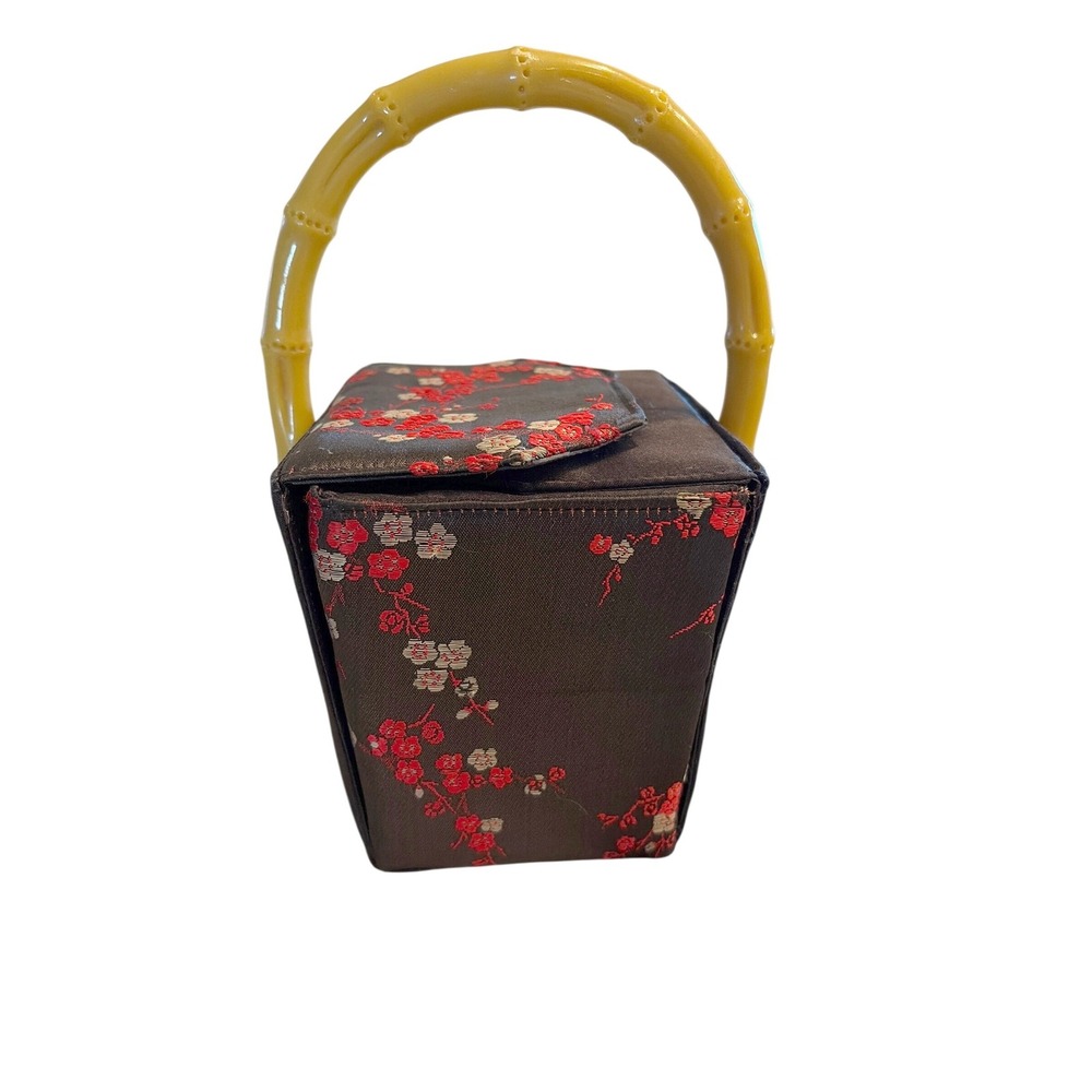 Vintage 1960s Silk Brocade Box Purse Faux Bamboo Handle Asian Floral Handbag